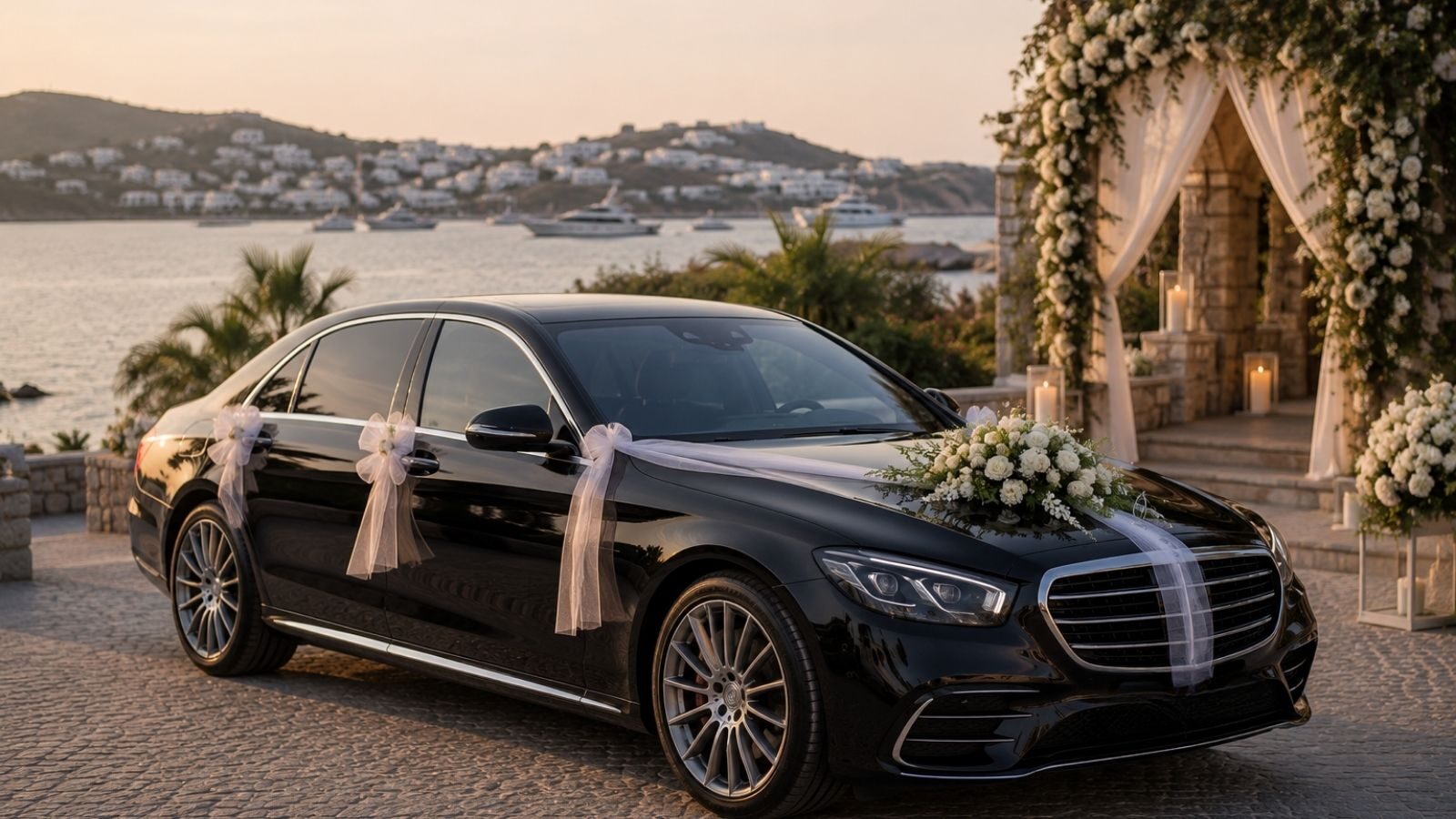 Bodrum düğün aracı — beyaz süslemeli lüks gelin arabası
