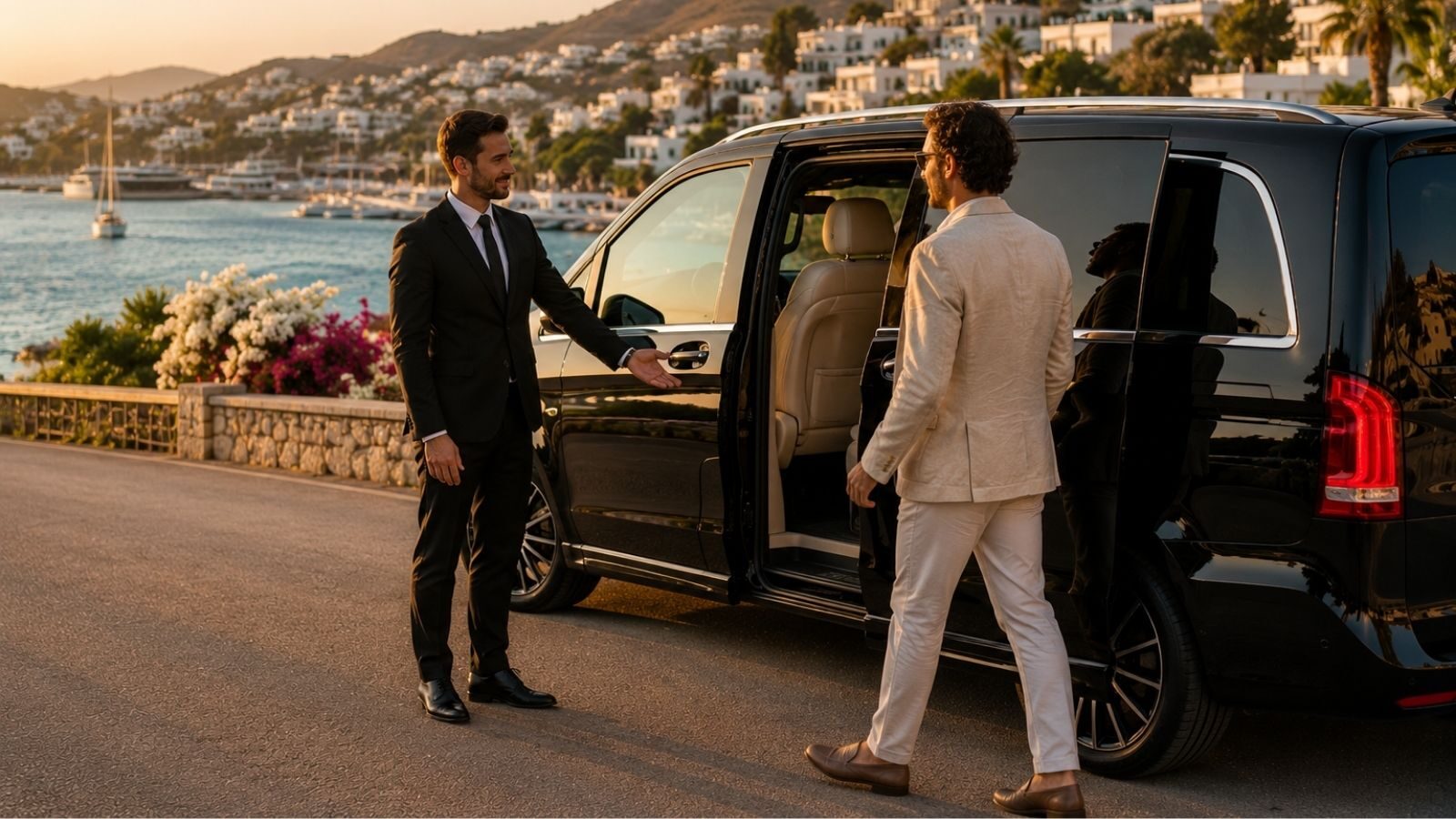 Bodrum VIP transfer — şoförün kapı açtığı lüks Mercedes